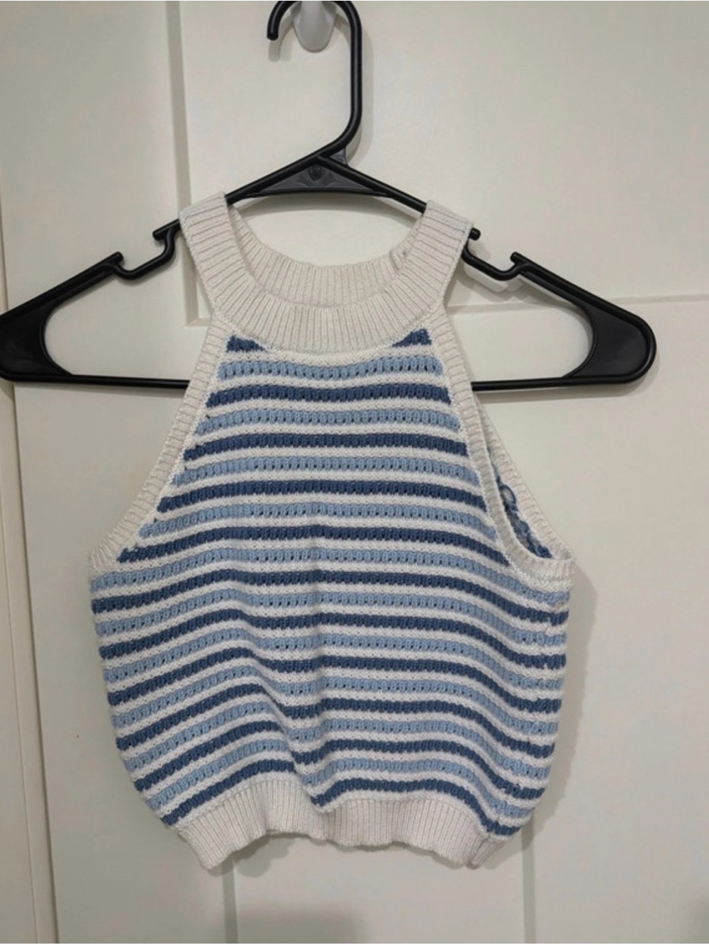 T.J.Maxx White & Light Blue Striped Knit Halter Tank